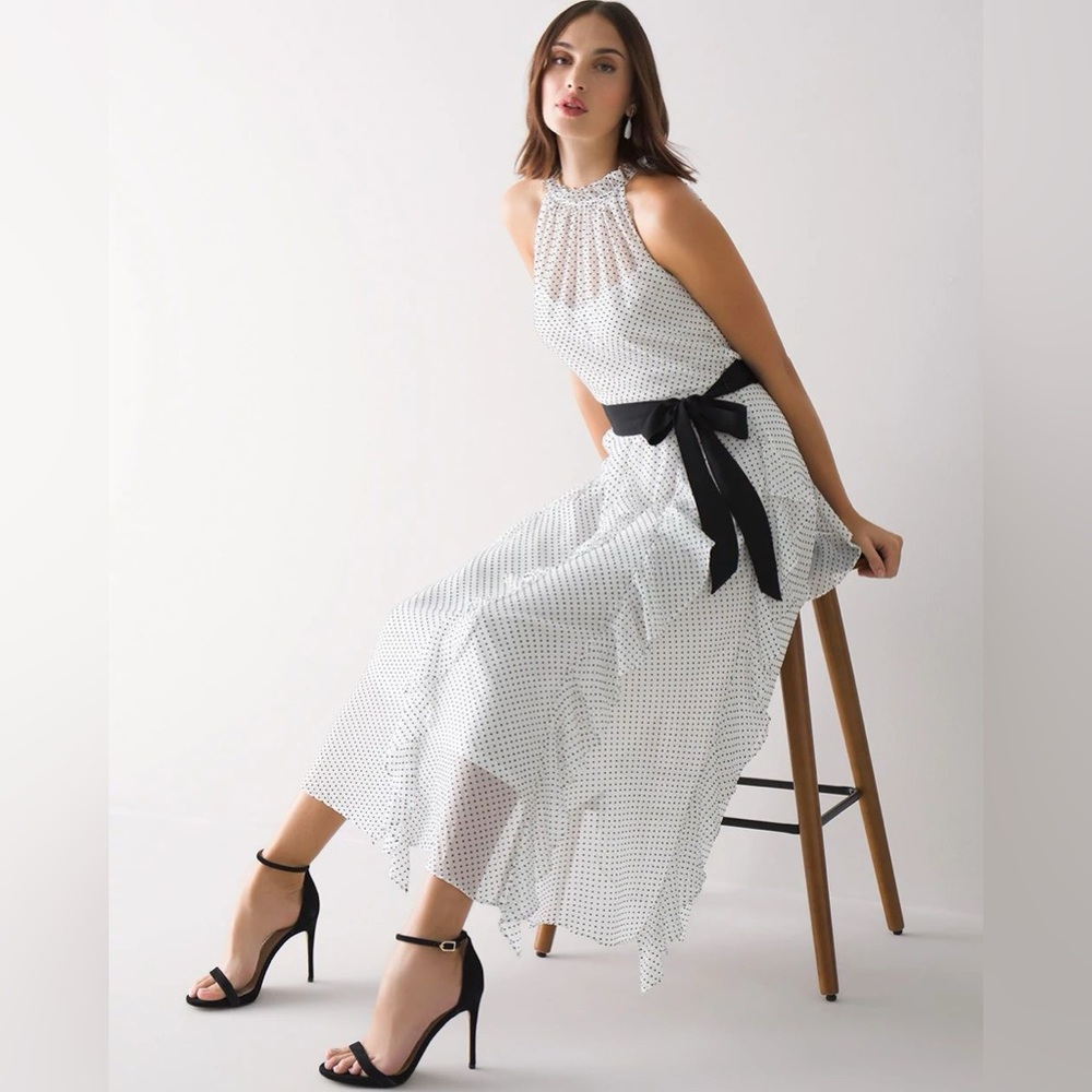 White House Black Market flock-dot ruffled midi dress